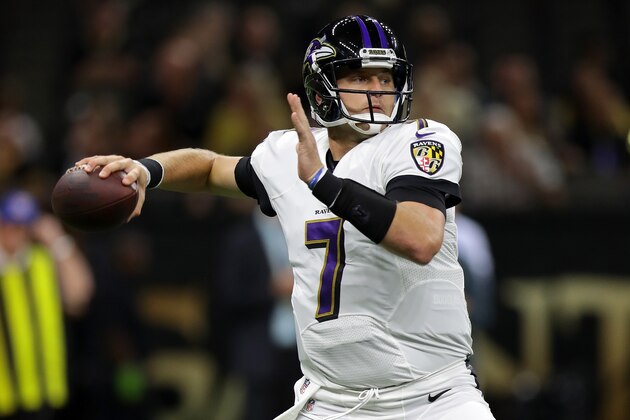 NEW ORLEANS, LA - SEPTEMBER 01:  Ryan Mallett #7 of the Baltimore Ravens throws the ball against the New Orleans Saints at the Mercedes-Benz Superdome on September 1, 2016 in New Orleans, Louisiana.  (Photo by Chris Graythen/Getty Images)