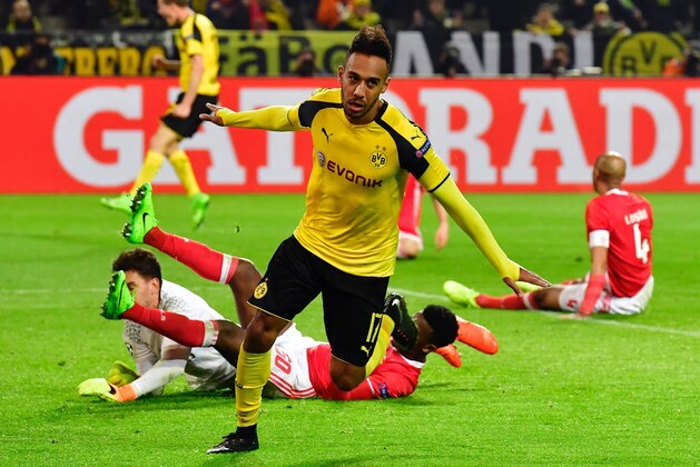 Dortmund's Gabonese forward Pierre-Emerick Aubameyang celebrate scoring a hattrick, the 4-0 goal during the UEFA Champions League Round of 16, 2nd-leg football match Borussia Dortmund v SL Benfica in Dortmund, western Germany on March 8, 2017 / AFP PHOTO / John MACDOUGALL        (Photo credit should read JOHN MACDOUGALL/AFP/Getty Images)
