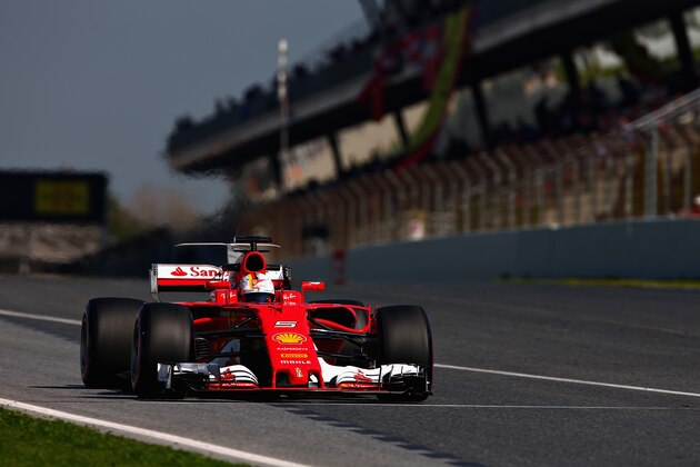 MONTMELO, SPAIN - MARCH 09:  Sebastian Vettel of Germany driving the (5) Scuderia Ferrari SF70H leaves the pits during day three of Formula One winter testing at Circuit de Catalunya on March 9, 2017 in Montmelo, Spain.  (Photo by Dan Istitene/Getty Images)