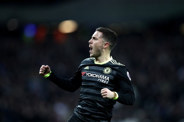 STRATFORD, ENGLAND - MARCH 06:  Eden Hazard of Chelsea celebrates after he scores his side first goal during the Premier League match between West Ham United and Chelsea at London Stadium on March 6, 2017 in Stratford, England.  (Photo by Julian Finney/Getty Images)