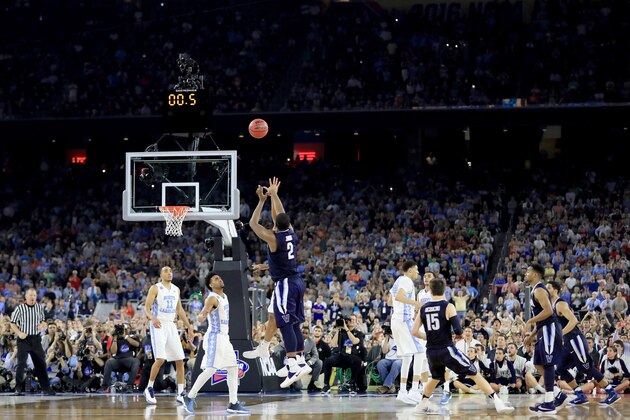 HOUSTON, TEXAS - APRIL 04:  Kris Jenkins #2 of the Villanova Wildcats shoots the game-winning three pointer to defeat the North Carolina Tar Heels 77-74 in the 2016 NCAA Men's Final Four National Championship game at NRG Stadium on April 4, 2016 in Houston, Texas.  (Photo by Ronald Martinez/Getty Images)
