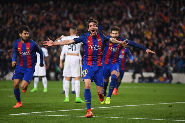 BARCELONA, SPAIN - MARCH 08:  Sergi Roberto of Barcelona as he scores their sixth goal during the UEFA Champions League Round of 16 second leg match between FC Barcelona and Paris Saint-Germain at Camp Nou on March 8, 2017 in Barcelona, Spain.  (Photo by Laurence Griffiths/Getty Images)