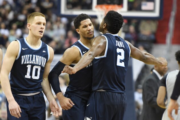 WASHINGTON, DC - MARCH 04:  Josh Hart #3 celebrates a shot with Kris Jenkins #2 of the Villanova Wildcats during a college basketball game against the Georgetown Hoyas at the Verizon Center on March 4, 2017 in Washington, DC.  The Wildcats won 81-55.  (Photo by Mitchell Layton/Getty Images)