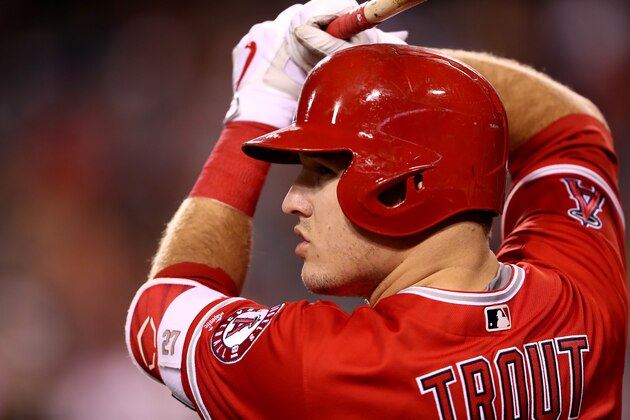 ANAHEIM, CA - SEPTEMBER 28:  Mike Trout #27 of the Los Angeles Angels of Anaheim looks on from the on deck circle during the first inning of a game against the Oakland Athletics at Angel Stadium of Anaheim on September 28, 2016 in Anaheim, California.  (Photo by Sean M. Haffey/Getty Images)