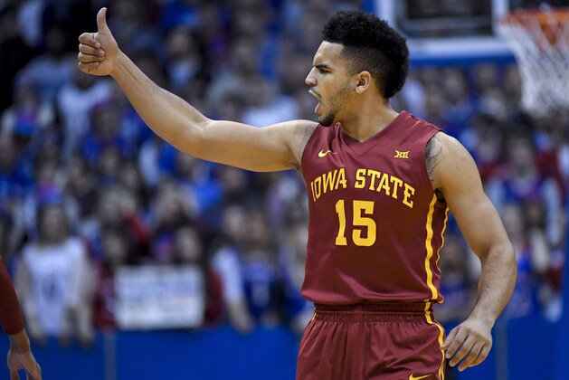 LAWRENCE, KS - FEBRUARY 04: Nazareth Mitrou-Long #15 of the Iowa State Cyclones cheers his team on against the Kansas Jayhawks early in the first half on February 4, 2017 at Allen Field House in Lawrence, Kansas. (Photo by Reed Hoffmann/Getty Images)
