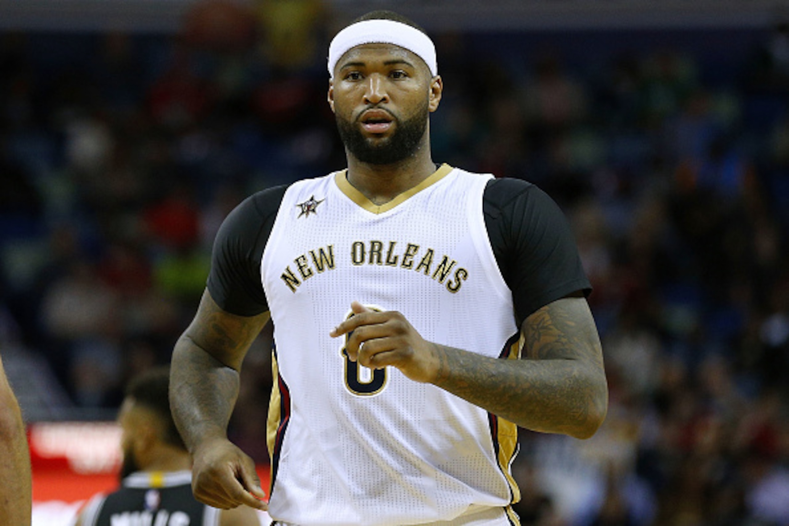NEW ORLEANS, LA - MARCH 03: DeMarcus Cousins #0 of the New Orleans Pelicans reacts during the second half of a game against the San Antonio Spurs at the Smoothie King Center on March 3, 2017 in New Orleans, Louisiana. NOTE TO USER: User expressly acknowledges and agrees that, by downloading and or using this photograph, User is consenting to the terms and conditions of the Getty Images License Agreement. (Photo by Jonathan Bachman/Getty Images) NEW ORLEANS, LA - MARCH 03: DeMarcus Cousins #0 of the New Orleans Pelicans reacts during the second half of a game against the San Antonio Spurs at the Smoothie King Center on March 3, 2017 in New Orleans, Louisiana. NOTE TO USER: User expressly acknowledges and agrees that, by downloading and or using this photograph, User is consenting to the terms and conditions of the Getty Images License Agreement. (Photo by Jonathan Bachman/Getty Images)