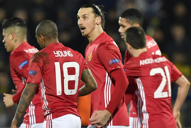 Manchester United's Swedish forward Zlatan Ibrahimovic (C) celebrates with teammates after scoring a goal during the UEFA Europa League round of 16 football match between Rostov and Manchester United at Olimp-2 Arena in Rostov-on-Don on March 9, 2017. / AFP PHOTO / Alexander NEMENOV        (Photo credit should read ALEXANDER NEMENOV/AFP/Getty Images)