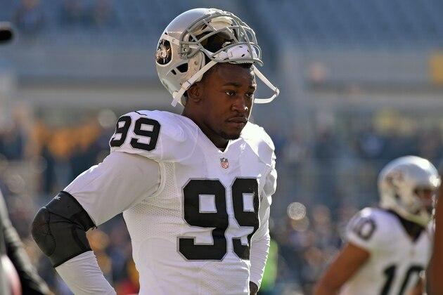 PITTSBURGH, PA - NOVEMBER 8:  Linebacker Aldon Smith #99 of the Oakland Raiders looks on from the field before a game against the Pittsburgh Steelers at Heinz Field on November 8, 2015 in Pittsburgh, Pennsylvania. The Steelers defeated the Raiders 38-35. (Photo by George Gojkovich/Getty Images)