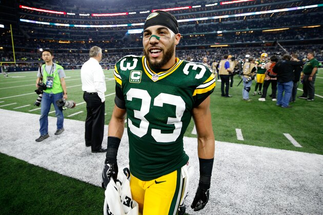 ARLINGTON, TX - JANUARY 15:  Micah Hyde #33 of the Green Bay Packers walks off the field after the Green Bay Packers beat the Dallas Cowboys 34-31 in the NFC Divisional Playoff Game at AT&T Stadium on January 15, 2017 in Arlington, Texas.  (Photo by Joe Robbins/Getty Images)