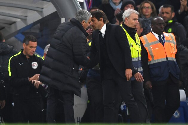 LONDON, ENGLAND - OCTOBER 23: Chelsea manager Antonio Conte and Manchester United manager Jose Mourinho exchange words at the end of the Premier League match between Chelsea and Manchester United at Stamford Bridge on October 23, 2016 in London, England. (Photo by Shaun Botterill/Getty Images) LONDON, ENGLAND - OCTOBER 23: Chelsea manager Antonio Conte and Manchester United manager Jose Mourinho exchange words at the end of the Premier League match between Chelsea and Manchester United at Stamford Bridge on October 23, 2016 in London, England. (Photo by Shaun Botterill/Getty Images)