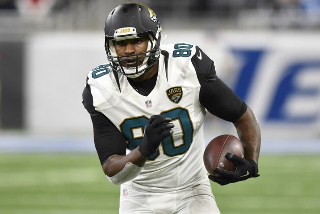 Jacksonville Jaguars tight end Julius Thomas (80) rushes during the first half of an NFL football game against the Detroit Lions, Sunday, Nov. 20, 2016 in Detroit. (AP Photo/Jose Juarez)