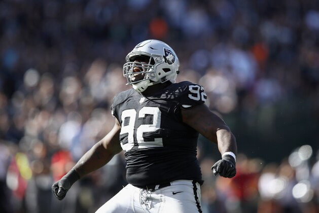 OAKLAND, CA - OCTOBER 09:  Stacy McGee #92 of the Oakland Raiders reacts during their game against the San Diego Chargers at Oakland-Alameda County Coliseum on October 9, 2016 in Oakland, California.  (Photo by Ezra Shaw/Getty Images)