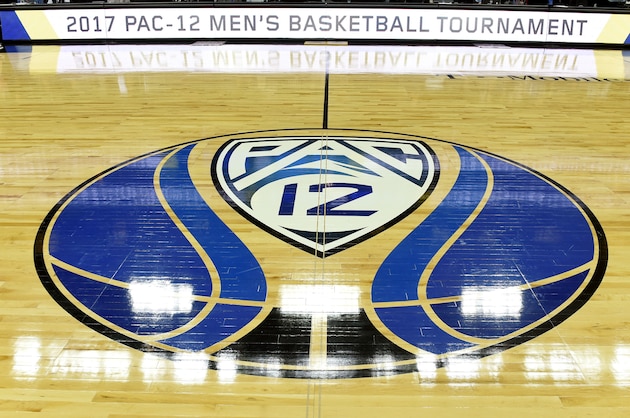 LAS VEGAS, NV - MARCH 08:  A Pac-12 basketball logo is displayed on the court before a first-round game of the Pac-12 Basketball Tournament between the Stanford Cardinal and the Arizona State Sun Devils at T-Mobile Arena on March 8, 2017 in Las Vegas, Nevada.  (Photo by Ethan Miller/Getty Images)