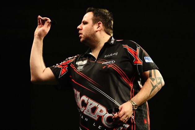 EXETER, UNITED KINGDOM - MARCH 02: Adrian Lewis throws during Night Five of the Betway Premier League Darts at Westpoint Arena on March 2, 2017 in Exeter, England. (Photo by Harry Trump/Getty Images)