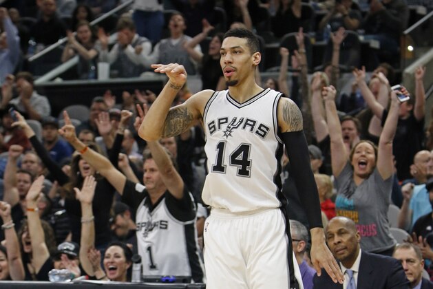 SAN ANTONIO,TX - MARCH 8:  Danny Green #14 of the San Antonio Spurs gets a reaction from fans after hitting a three against the Sacramento Kings at AT&T Center on March 8, 2017 in San Antonio, Texas.  NOTE TO USER: User expressly acknowledges and agrees that , by downloading and or using this photograph, User is consenting to the terms and conditions of the Getty Images License Agreement. (Photo by Ronald Cortes/Getty Images)