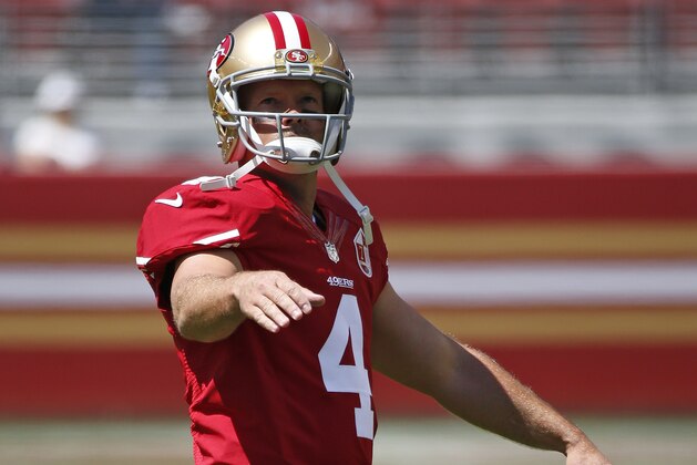 San Francisco 49ers kicker Phil Dawson warms up before the start of an NFL preseason football game against the Houston Texans Sunday, Aug. 14, 2016, in Santa Clara, Calif. (AP Photo/Tony Avelar)