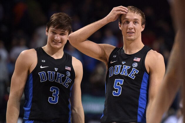 NEW YORK, NY - MARCH 09: Luke Kennard #5 and Grayson Allen #3 of the Duke Blue Devils react during their game against the Louisville Cardinals during the quarterfinals of the ACC Basketball Tournament at Barclays Center on March 9, 2017 in the Brooklyn borough of New York City. (Photo by Lance King/Getty Images)