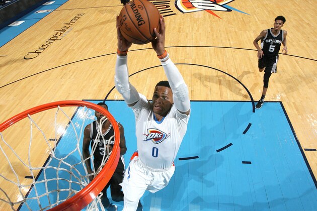 OKLAHOMA CITY, OK- MARCH 9: Russell Westbrook #0 of the Oklahoma City Thunder dunks the ball during the game against the San Antonio Spurs on March 9, 2017 at Chesapeake Energy Arena in Oklahoma City, Oklahoma. NOTE TO USER: User expressly acknowledges and agrees that, by downloading and or using this photograph, User is consenting to the terms and conditions of the Getty Images License Agreement. Mandatory Copyright Notice: Copyright 2017 NBAE (Photo by Layne Murdoch/NBAE via Getty Images)