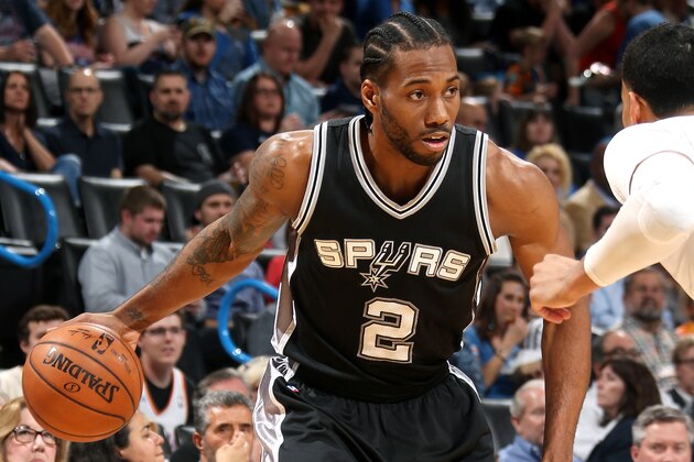 OKLAHOMA CITY, OK- MARCH 9: Kawhi Leonard #2 of the San Antonio Spurs handles the ball during the game against the Oklahoma City Thunder on March 9, 2017 at Chesapeake Energy Arena in Oklahoma City, Oklahoma. NOTE TO USER: User expressly acknowledges and agrees that, by downloading and or using this photograph, User is consenting to the terms and conditions of the Getty Images License Agreement. Mandatory Copyright Notice: Copyright 2017 NBAE (Photo by Layne Murdoch/NBAE via Getty Images)