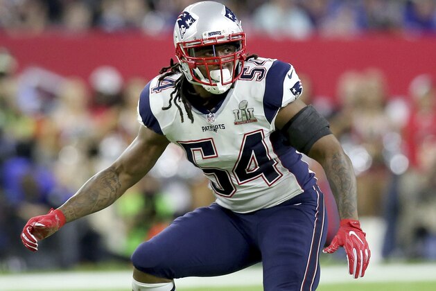 FILE - In this Feb. 5, 2017, file photo, New England Patriots Dont'a Hightower folllows the action during NFL football's Super Bowl 51 against the Atlanta Falcons in Houston. The draft remains the most significant means by which to build and fortify a franchise. Yet, as the salary cap increases exponentially each year under the 10-year labor agreement reached in 2011, the lure of veterans on the open market can be powerful. (AP Photo/Gregory Payan, File)