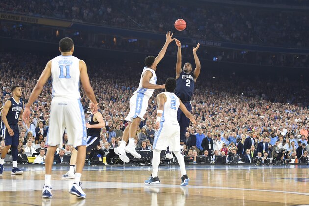 HOUSTON, TX - APRIL 04:  Kris Jenkins #2 of the Villanova Wildcats shots the winning during the NCAA College Basketball Tournament Championship game against the North Carolina Tar Heels at NRG Stadium on April 04, 2016 in Houston, Texas.  The Wildcats won 77-74.  (Photo by Mitchell Layton/Getty Images)