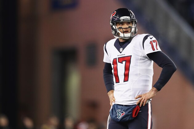 FOXBORO, MA - JANUARY 14: Brock Osweiler #17 of the Houston Texans looks on in the second half against the New England Patriots during the AFC Divisional Playoff Game at Gillette Stadium on January 14, 2017 in Foxboro, Massachusetts.  (Photo by Elsa/Getty Images)