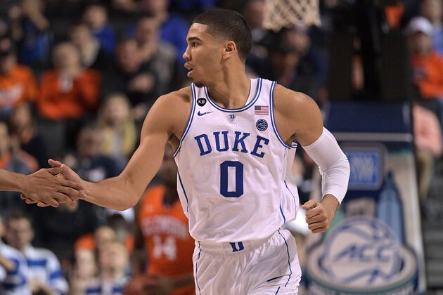 NEW YORK, NY - MARCH 08: Jayson Tatum #0 of the Duke Blue Devils reacts during a game against the Clemson Tigers during the second round of the ACC Basketball Tournament at Barclays Center on March 8, 2017 in the Brooklyn borough of New York City. (Photo by Lance King/Getty Images)