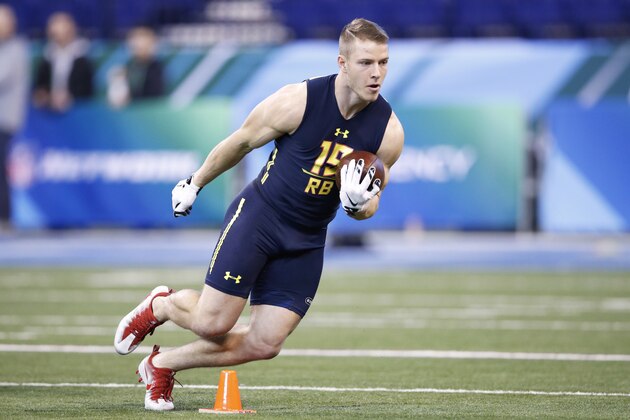 INDIANAPOLIS, IN - MARCH 03: Running back Christian McCaffrey of Stanford carries the ball during a drill on day three of the NFL Combine at Lucas Oil Stadium on March 3, 2017 in Indianapolis, Indiana. (Photo by Joe Robbins/Getty Images)