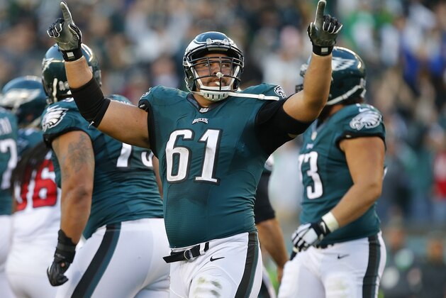 PHILADELPHIA, PA - NOVEMBER 13: Stefen Wisniewski #61 of the Philadelphia Eagles reacts after a field goal by Caleb Sturgis #6 during the fourth quarter against the Atlanta Falcons during a game at Lincoln Financial Field on November 13, 2016 in Philadelphia, Pennsylvania. The Eagles defeated the Falcons 24-15. (Photo by Rich Schultz/Getty Images)