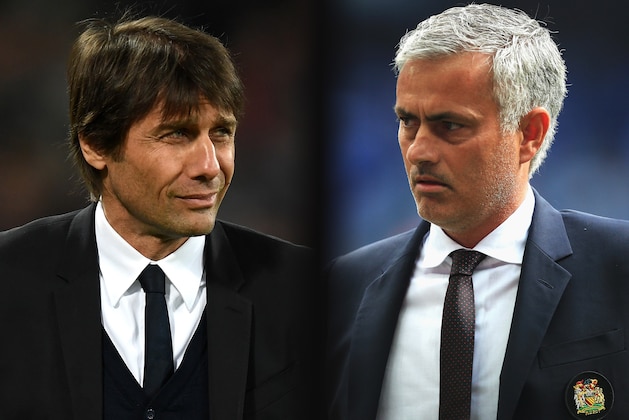 FILE PHOTO (EDITORS NOTE: GRADIENT ADDED - COMPOSITE OF TWO IMAGES - Image numbers (L) 648790058 and 586900360) In this composite image a comparision has been made between  Antonio Conte, Manager of Chelsea and Jose Mourinho,Manager of Manchester United. Chelsea and Manchester United meet in one of the  Emirates FA Cup Quarter-Finals at Stamford Bridge on March 13, 2017 in London,England.   ***LEFT IMAGE*** STRATFORD, ENGLAND - MARCH 06: Antonio Conte, Manager of Chelsea looks on during the Premier League match between West Ham United and Chelsea at London Stadium on March 6, 2017 in Stratford, England. (Photo by Michael Regan/Getty Images) ***RIGHT IMAGE*** LONDON, ENGLAND - AUGUST 07: Manager of Manchester United, Jose Mourinho watches on during The FA Community Shield match between Leicester City and Manchester United at Wembley Stadium on August 7, 2016 in London, England. (Photo by Ben Hoskins/Getty Images)