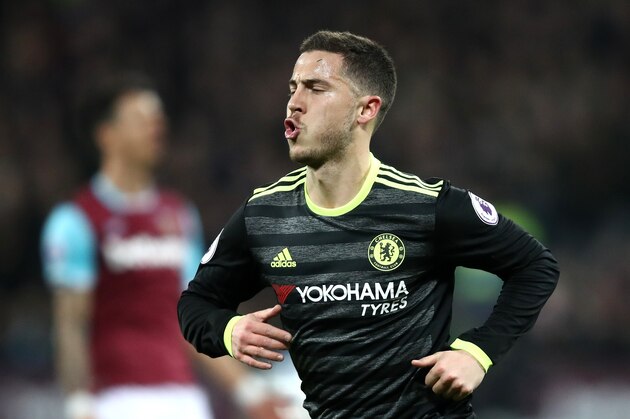 STRATFORD, ENGLAND - MARCH 06:  Eden Hazard of Chelsea celebrates after he scores his side first goal during the Premier League match between West Ham United and Chelsea at London Stadium on March 6, 2017 in Stratford, England.  (Photo by Julian Finney/Getty Images)