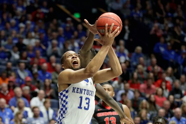 NASHVILLE, TN - MARCH 10:  Isaiah Briscoe #13 of the Kentucky Wildcats shoots the ball against the Georgia Bulldogs during the quarterfinals of the SEC Basketball Tournament at Bridgestone Arena on March 10, 2017 in Nashville, Tennessee.  (Photo by Andy Lyons/Getty Images)