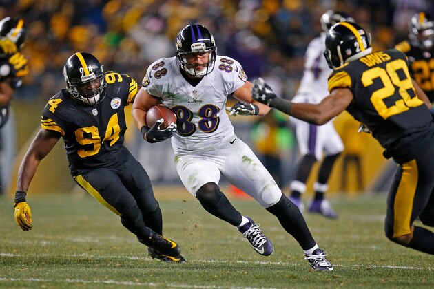 PITTSBURGH, PA - DECEMBER 25:  Dennis Pitta #88 of the Baltimore Ravens runs up field after a catch in the fourth quarter during the game against the Pittsburgh Steelers at Heinz Field on December 25, 2016 in Pittsburgh, Pennsylvania. (Photo by Justin K. Aller/Getty Images)