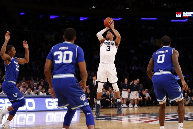 Mar 10, 2017; New York, NY, USA; Villanova Wildcats guard Josh Hart (3) shoots over Seton Hall Pirate defenders during the Big East Conference Tournament Semifinals at Madison Square Garden. Mandatory Credit: Noah K. Murray-USA TODAY Sports Mar 10, 2017; New York, NY, USA; Villanova Wildcats guard Josh Hart (3) shoots over Seton Hall Pirate defenders during the Big East Conference Tournament Semifinals at Madison Square Garden. Mandatory Credit: Noah K. Murray-USA TODAY Sports