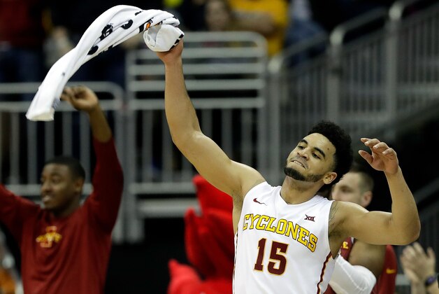 KANSAS CITY, MO - MARCH 10:  Nazareth Mitrou-Long #15 of the Iowa State Cyclones celebrates with players on the bench after a basket during the semifinal game of the Big 12 Basketball Tournament against the TCU Horned Frogs at Sprint Center on March 10, 2017 in Kansas City, Missouri.  (Photo by Jamie Squire/Getty Images)
