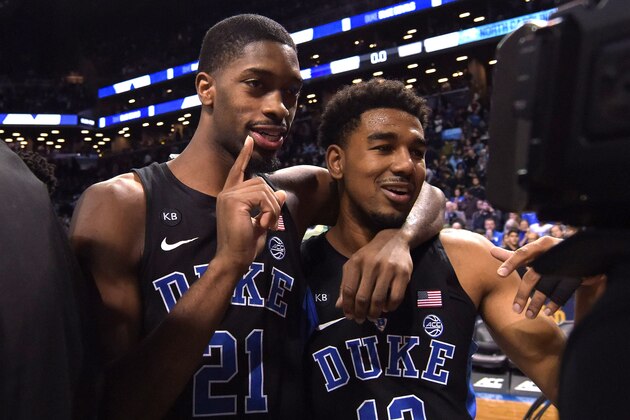 NEW YORK, NY - MARCH 10: Amile Jefferson #21 and Matt Jones #13 of the Duke Blue Devils celebrate following their 93-83 victory against the North Carolina Tar Heels during the semifinals of the ACC Basketball Tournament at Barclays Center on March 10, 2017 in the Brooklyn borough of New York City. (Photo by Lance King/Getty Images)