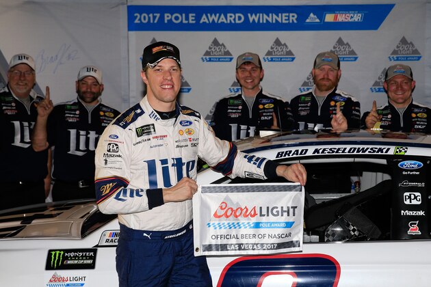 LAS VEGAS, NV - MARCH 10:  Brad Keselowski, driver of the #2 Miller Lite Ford, poses with the Coors Light Pole Award after qualifying in the pole position for the Monster Energy NASCAR Cup Series Kobalt 400 at Las Vegas Motor Speedway on March 10, 2017 in Las Vegas, Nevada.  (Photo by Chris Trotman/Getty Images)