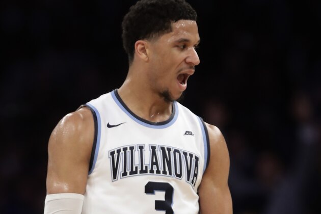 Villanova's Josh Hart (3) reacts during the second half of an NCAA college basketball game against Seton Hall during the Big East men's tournament Friday, March 10, 2017, in New York. Villanova won 55-53. (AP Photo/Frank Franklin II)