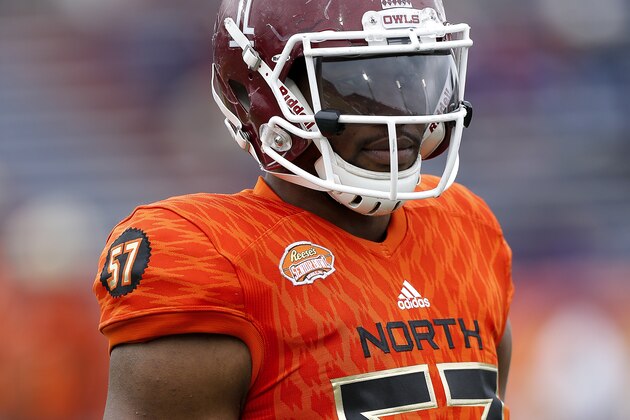MOBILE, AL - JANUARY 28: Temple Linebacker Hassan Reddick #57 of the North Team during the 2017 Resse's Senior Bowl at Ladd-Peebles Stadium on January 28, 2017 in Mobile, Alabama. The South defeated the North 16-15. (Photo by Don Juan Moore/Getty Images)