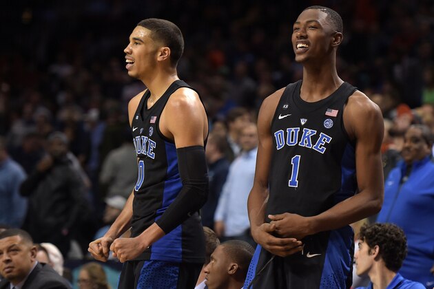 NEW YORK, NY - MARCH 09: Jayson Tatum #0 and Harry Giles #1 of the Duke Blue Devils react during their game against the Louisville Cardinals during the quarterfinals of the ACC Basketball Tournament at Barclays Center on March 9, 2017 in the Brooklyn borough of New York City. (Photo by Lance King/Getty Images)