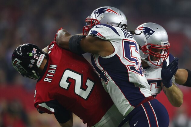 HOUSTON, TX - FEBRUARY 05:  Matt Ryan #2 of the Atlanta Falcons is sacked by Dont'a Hightower #54 of the New England Patriots during the fourth Quarter of Super Bowl 51 at NRG Stadium on February 5, 2017 in Houston, Texas.  (Photo by Al Bello/Getty Images)