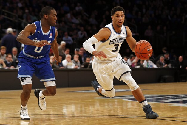 Mar 10, 2017; New York, NY, USA; Villanova Wildcats guard Josh Hart (3) drives to the basket past Seton Hall Pirates guard Khadeen Carrington (0) during the Big East Conference Tournament at Madison Square Garden. Mandatory Credit: Adam Hunger-USA TODAY Sports