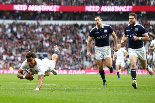 LONDON, ENGLAND - MARCH 11:  Anthony Watson of England scores his sides third try during the RBS Six Nations match between England and Scotland at Twickenham Stadium on March 11, 2017 in London, England.  (Photo by Michael Steele/Getty Images)