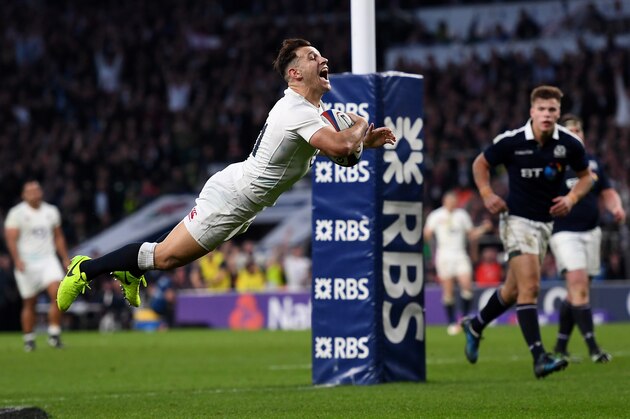 LONDON, ENGLAND - MARCH 11: Danny Care of England scores his sides seventh try during the RBS Six Nations match between England and Scotland at Twickenham Stadium on March 11, 2017 in London, England.  (Photo by Shaun Botterill/Getty Images)