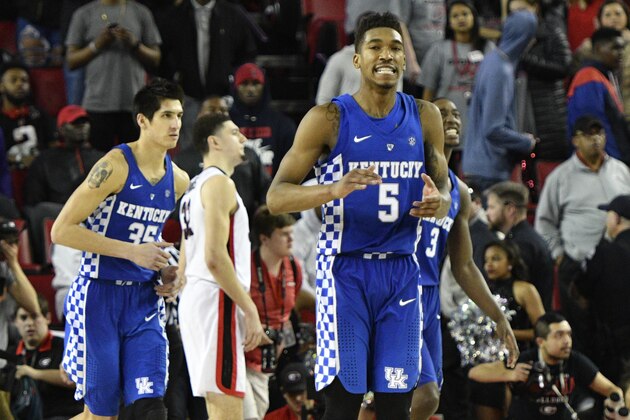 Kentucky guard Malik Monk (5) reacts after the buzzer during an NCAA basketball game against Georgia , Saturday, Feb. 18, 2017, in Athens, Ga. Kentucky won 82-77. (AP Photo/John Amis)