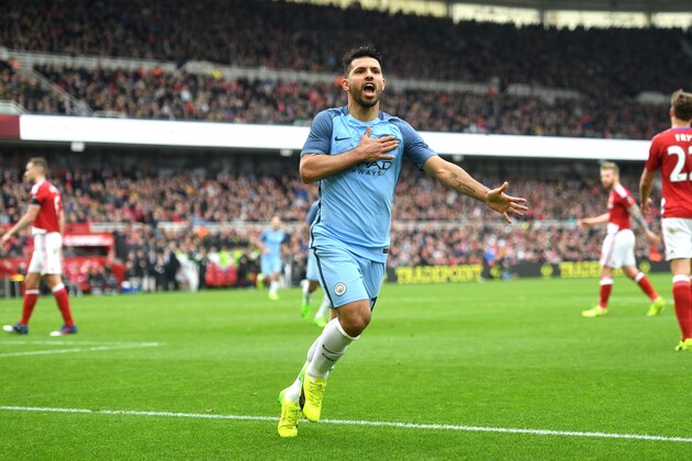 MIDDLESBROUGH, ENGLAND - MARCH 11: Sergio Aguero of Manchester City celebrates scoring his sides second goal during The Emirates FA Cup Quarter-Final match between Middlesbrough and Manchester City at Riverside Stadium on March 11, 2017 in Middlesbrough, England.  (Photo by Michael Regan/Getty Images)