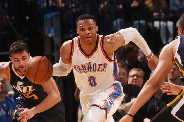 OKLAHOMA CITY, OK - MARCH 11:  Russell Westbrook #0 of the Oklahoma City Thunder handles the ball during a game against the Utah Jazz on March 11, 2017 at Chesapeake Energy Arena in Oklahoma City, Oklahoma. NOTE TO USER: User expressly acknowledges and agrees that, by downloading and/or using this photograph, user is consenting to the terms and conditions of the Getty Images License Agreement. Mandatory Copyright Notice: Copyright 2017 NBAE (Photo by Layne Murdoch/NBAE via Getty Images)