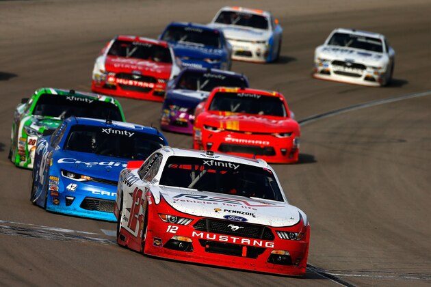 LAS VEGAS, NV - MARCH 11:  Joey Logano, driver of the #12 REV Ford, leads the field during the NASCAR XFINITY Series Boyd Gaming 300 at Las Vegas Motor Speedway on March 11, 2017 in Las Vegas, Nevada.  (Photo by Jonathan Ferrey/Getty Images)