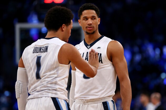 NEW YORK, NY - MARCH 11: Jalen Brunson #1 and Josh Hart #3 of the Villanova Wildcats look on prior to the start of the game against Creighton Bluejays during the Big East Basketball Tournament - Championship Game at Madison Square Garden on March 11, 2017 in New York City.  (Photo by Mike Stobe/Getty Images)