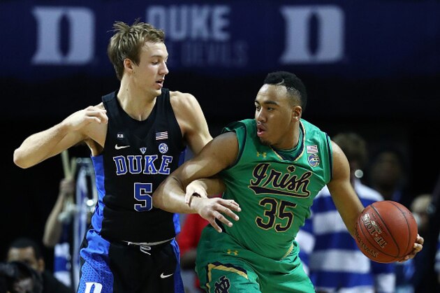 NEW YORK, NY - MARCH 11:  Luke Kennard #5 of the Duke Blue Devils defends against Bonzie Colson #35 of the Notre Dame Fighting Irish during the championship game of the 2017 Men's ACC Basketball Tournament at the Barclays Center on March 11, 2017 in New York City.  (Photo by Al Bello/Getty Images)